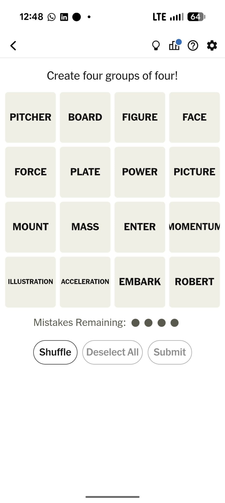 NYT Connections 4x4 word grid