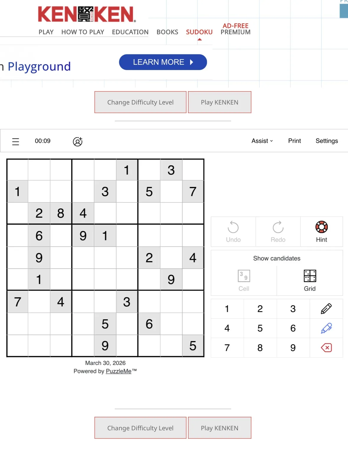 KenKen puzzle grid with arithmetic cages