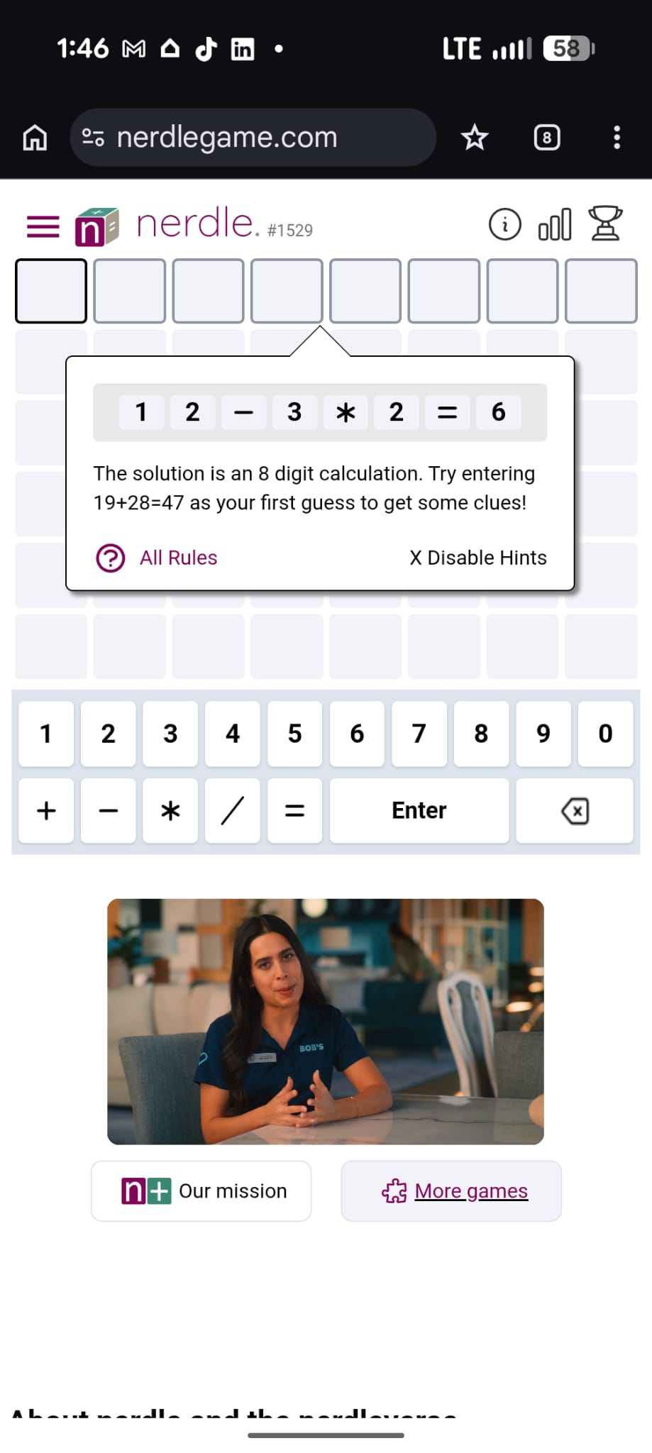 Nerdle equation grid with color feedback