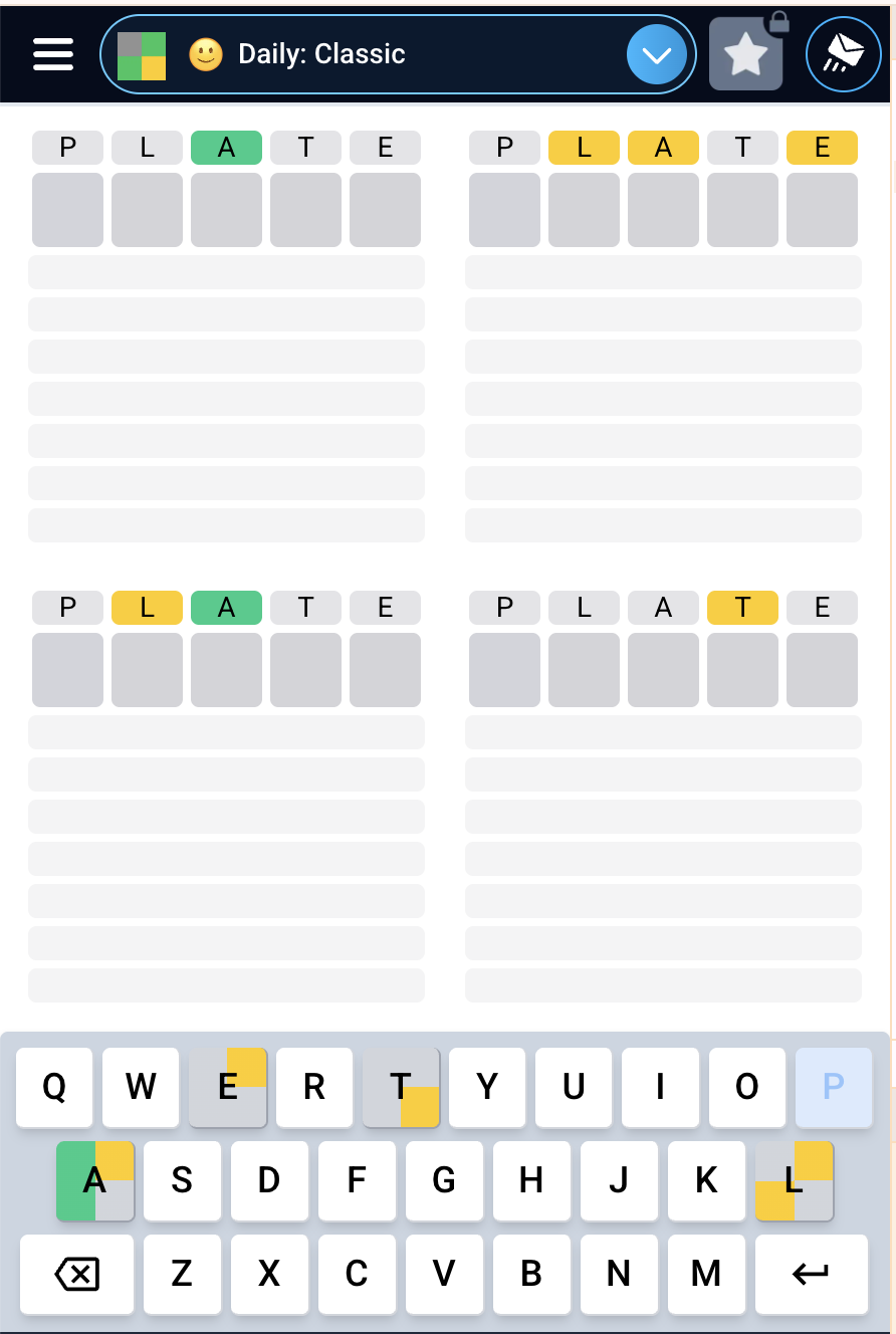 Quordle four-grid interface