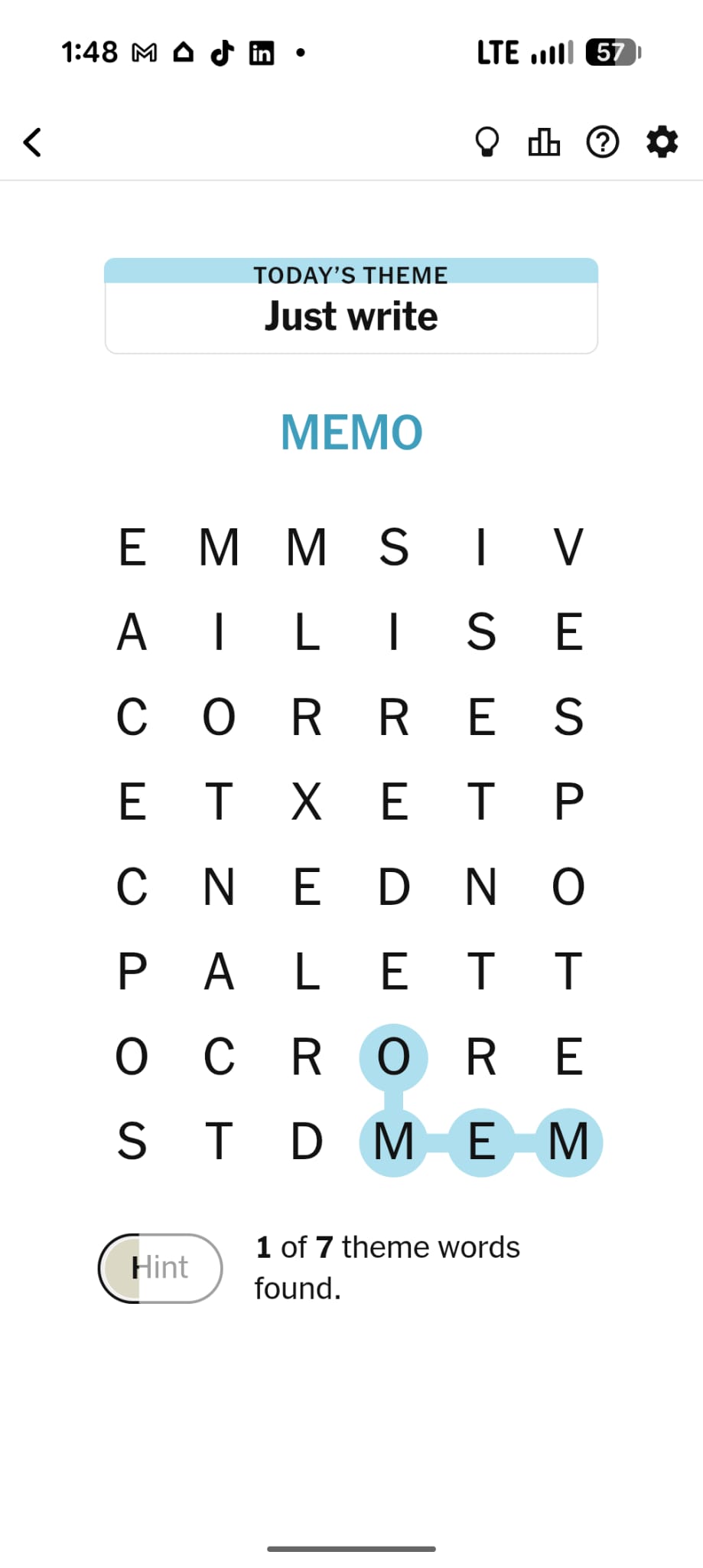 NYT Strands grid with traced words