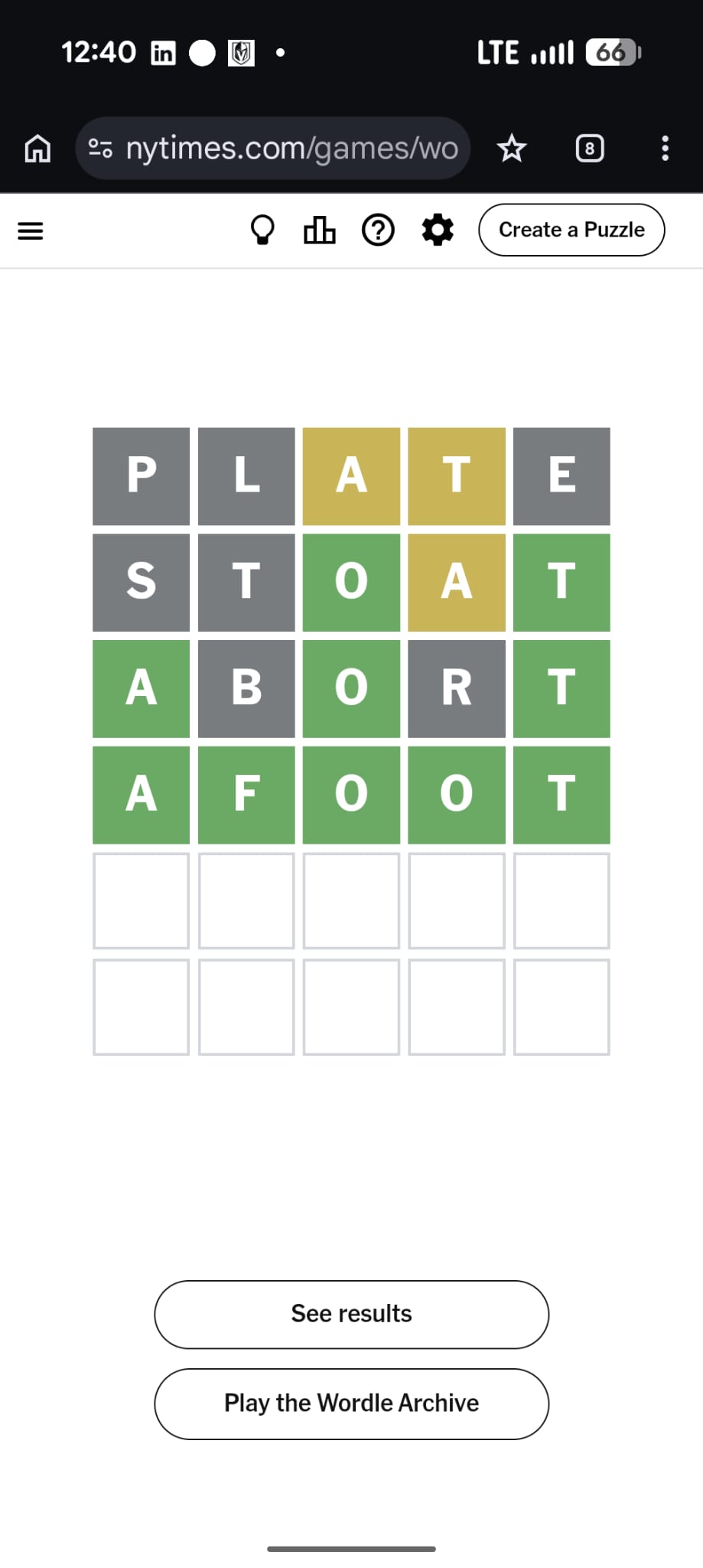 Wordle game grid showing a completed puzzle